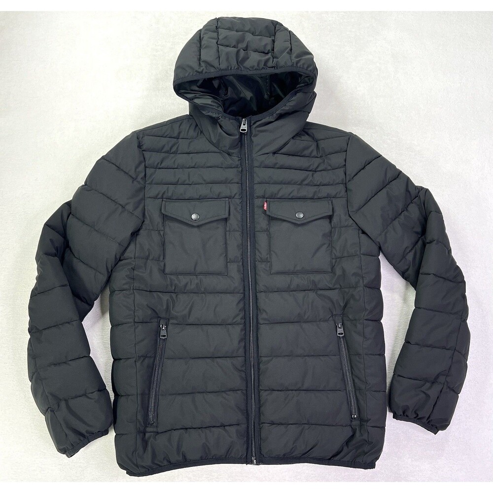 Levi's Puffer Hooded Jacket Stretch Chest Pockets Full Zip Mens Small Black